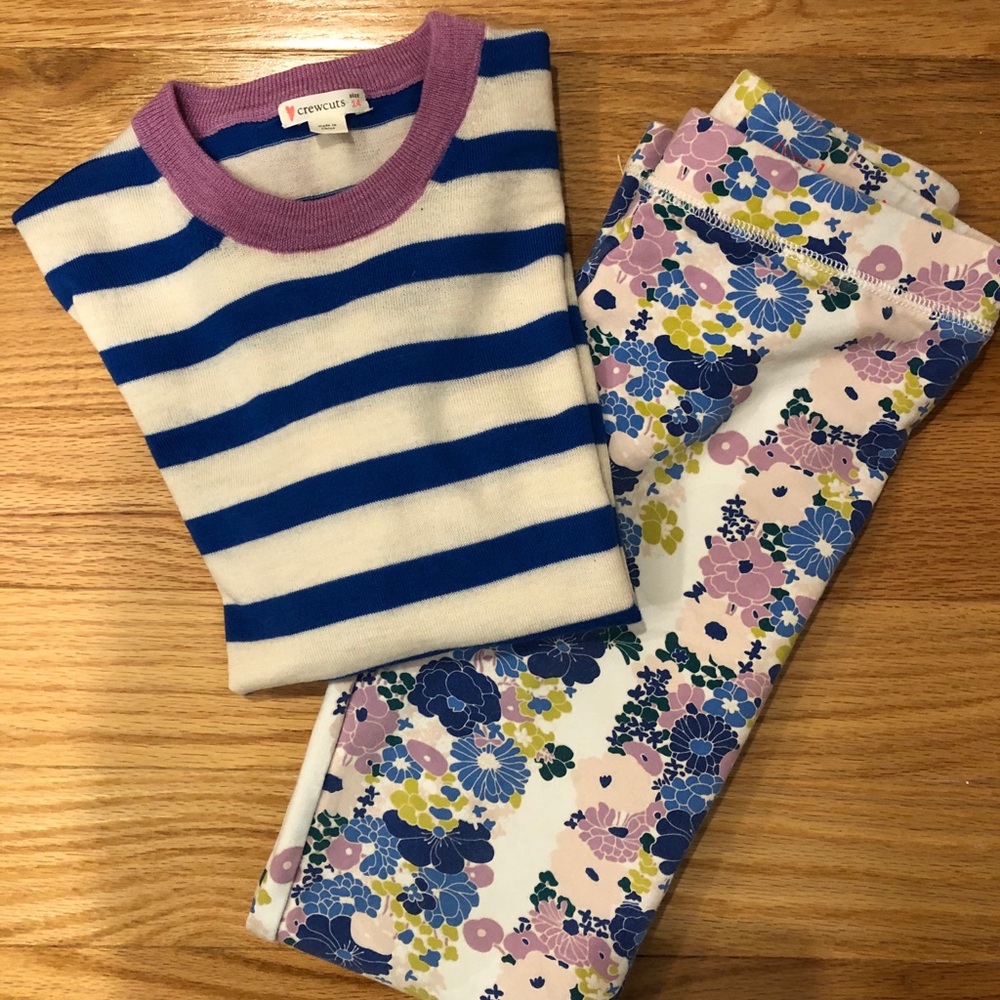 Crewcuts Girls Blue and White Striped Top with Floral Leggings